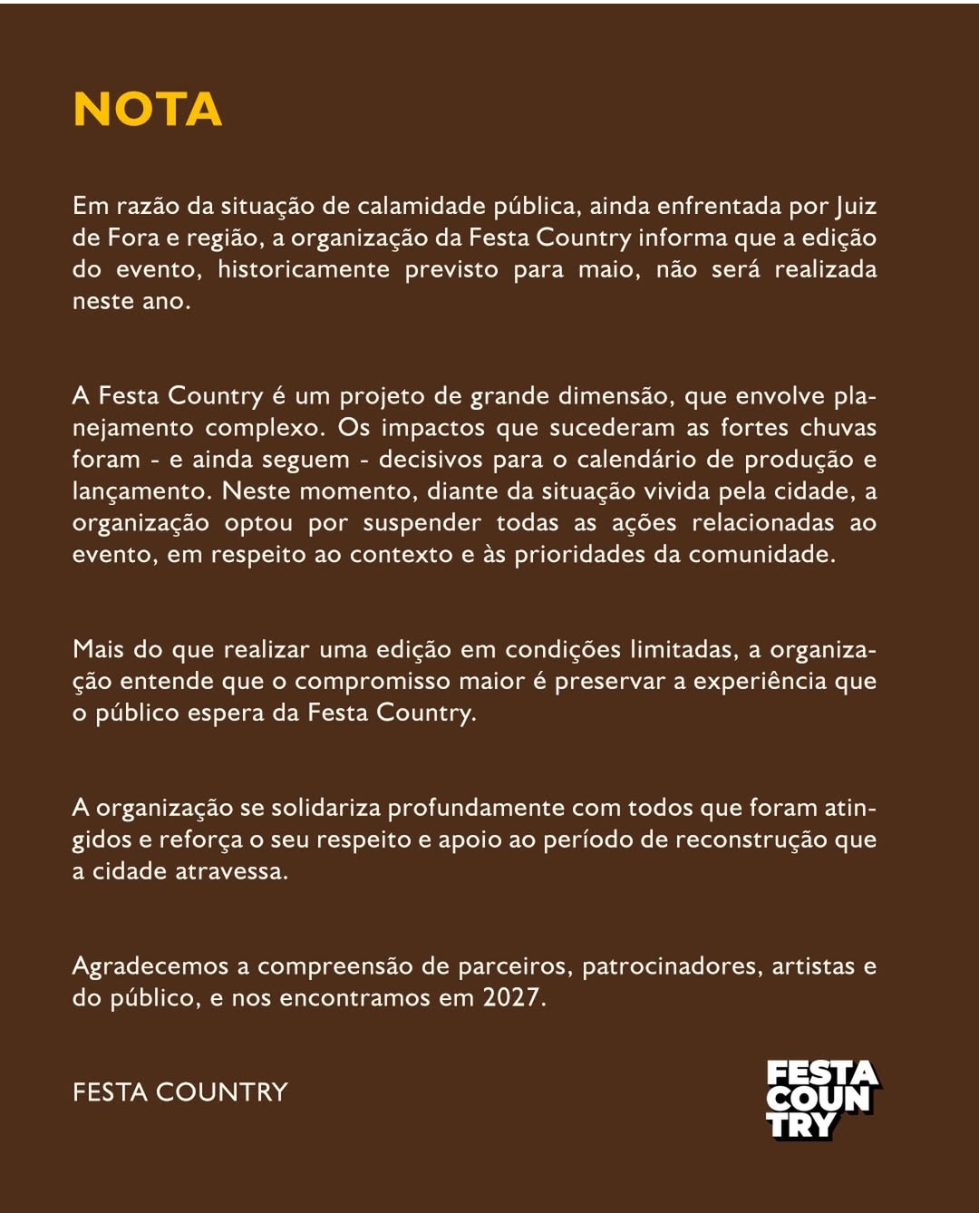 Festa Country é cancelada em 2026 em Juiz de Fora