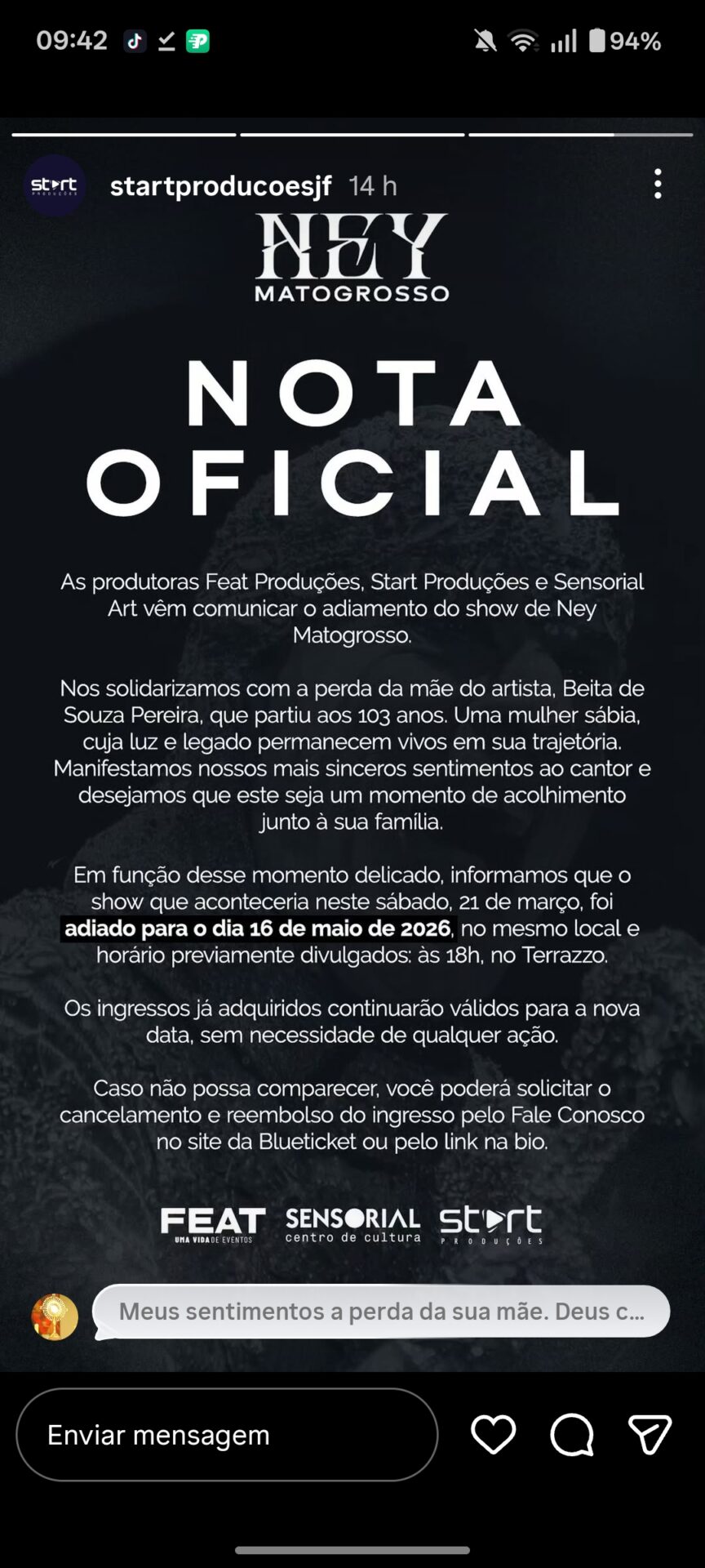 Nota oficial do adiantamento do show de Ney Mato grosso em Juiz De fora