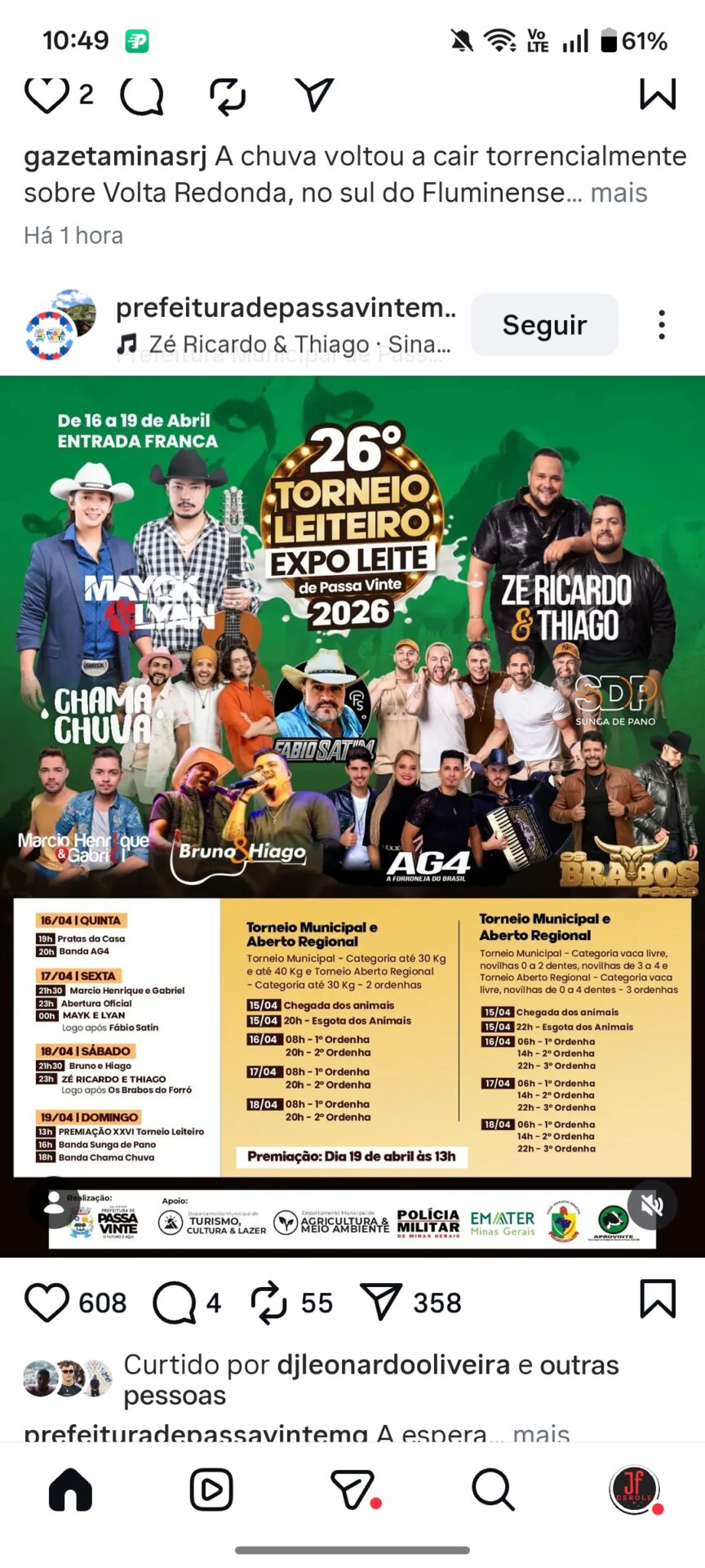 Programação Torneio LEITEIRO Passa Vinte MG