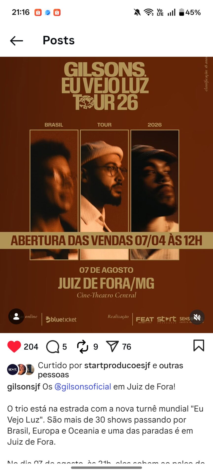Gilsons traz turnê mundial para Juiz de Fora com show no Cine-Theatro Central